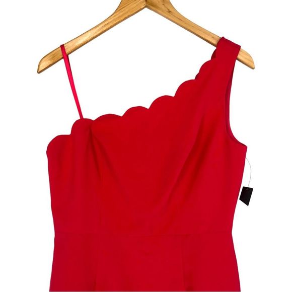 Maggy London Bright Coral Hot Pink Scallop Trim One Shoulder Sheath Dress size 8 - Picture 4 of 13